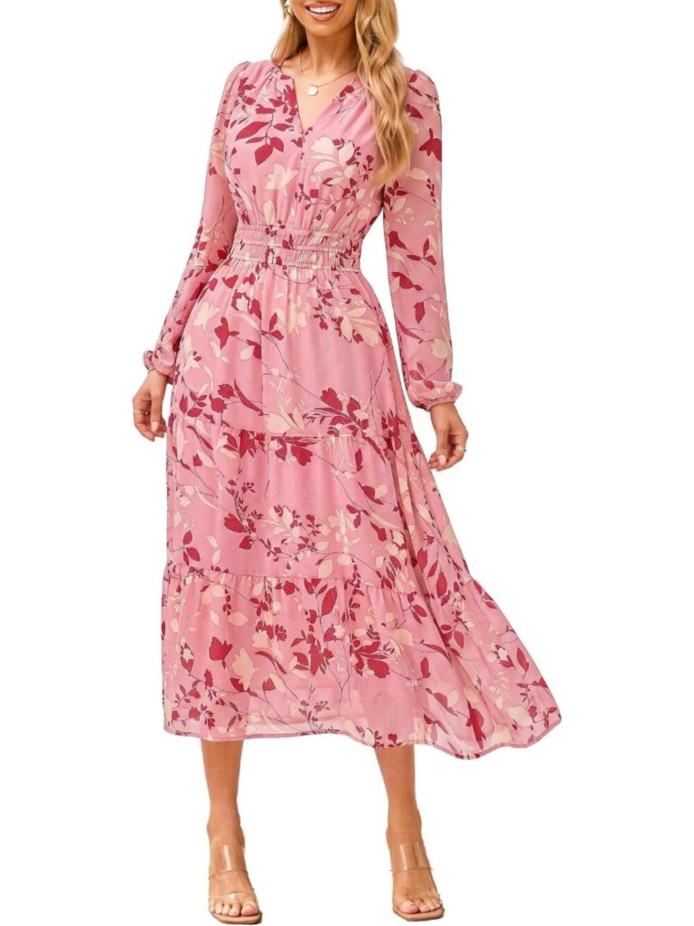Women's Apricot Pink Floral Boho V Neck Long Sleeve Wedding Guest Maxi Dresses